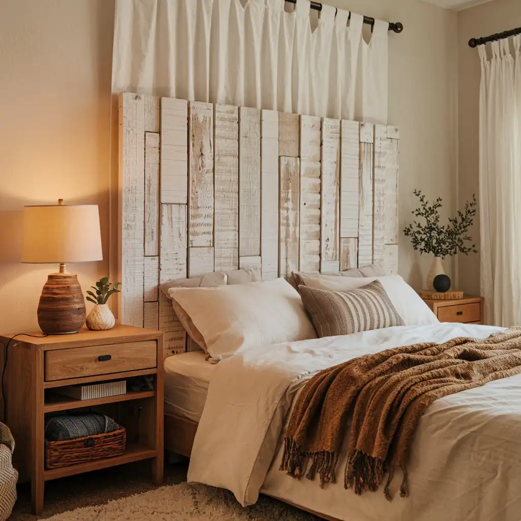 Cozy bedroom with a rustic headboard, neutral bedding, wooden side tables, a lamp, and a throw blanket perfect for your next home bedroom refresh.