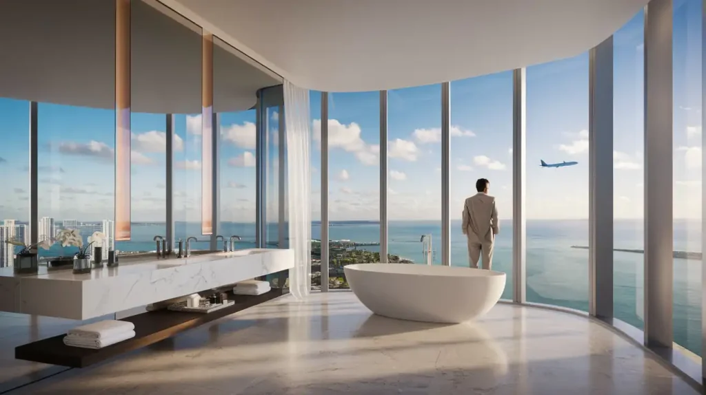 A man in a suit stands in a luxurious, modern bathroom with floor-to-ceiling windows overlooking the ocean. He adjusts his tie in front of the Select Perfect Mirror while a plane flies by in the background.