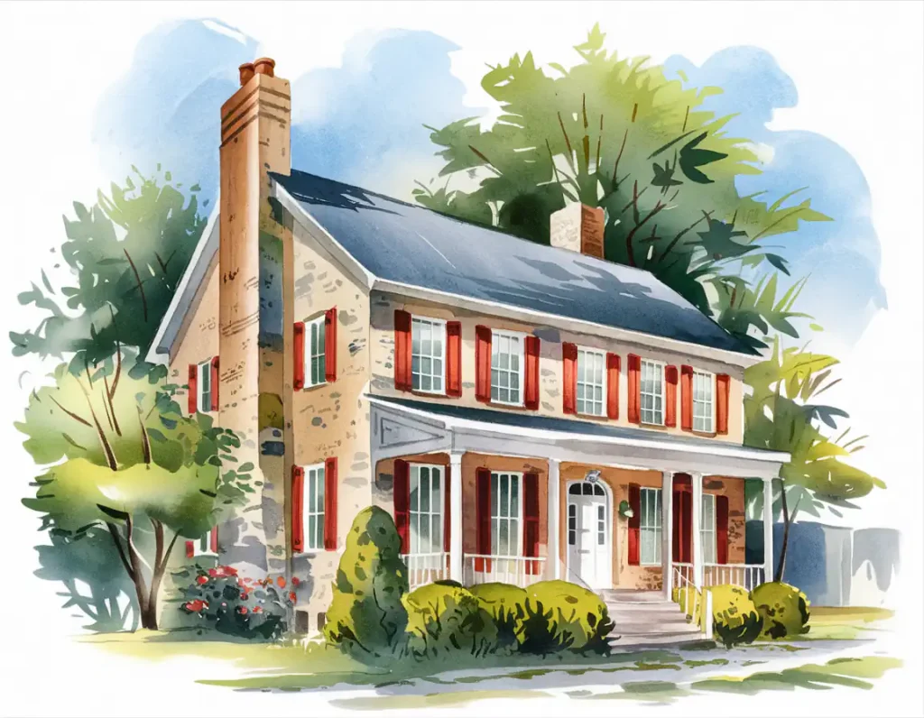 A watercolor painting of a two-story house with brick walls, red shutters, and a yard full of trees and bushes showcases charming architecture.