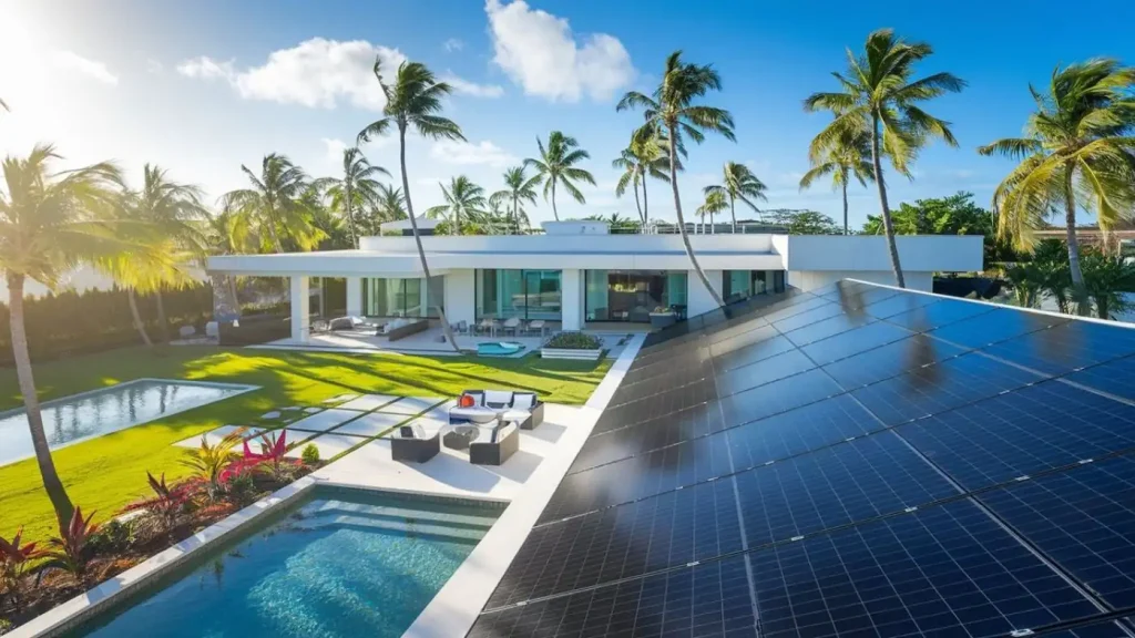 Modern house with solar panels and solar water heating, surrounded by palm trees, a pool, and an outdoor seating area under a clear blue sky.