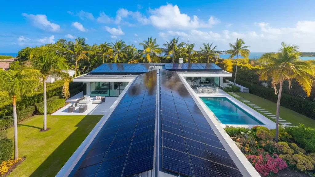 A modern home with solar panels on the roof and a solar water heater, surrounded by palm trees, a swimming pool, and a garden on a sunny day.