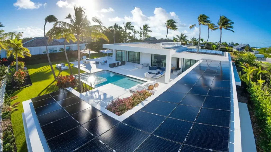 Modern house with solar panels, a pool, lounge area, and tropical landscaping under a clear blue sky with palm trees. Enjoy the benefits of solar water heating as you relax in this eco-friendly paradise.