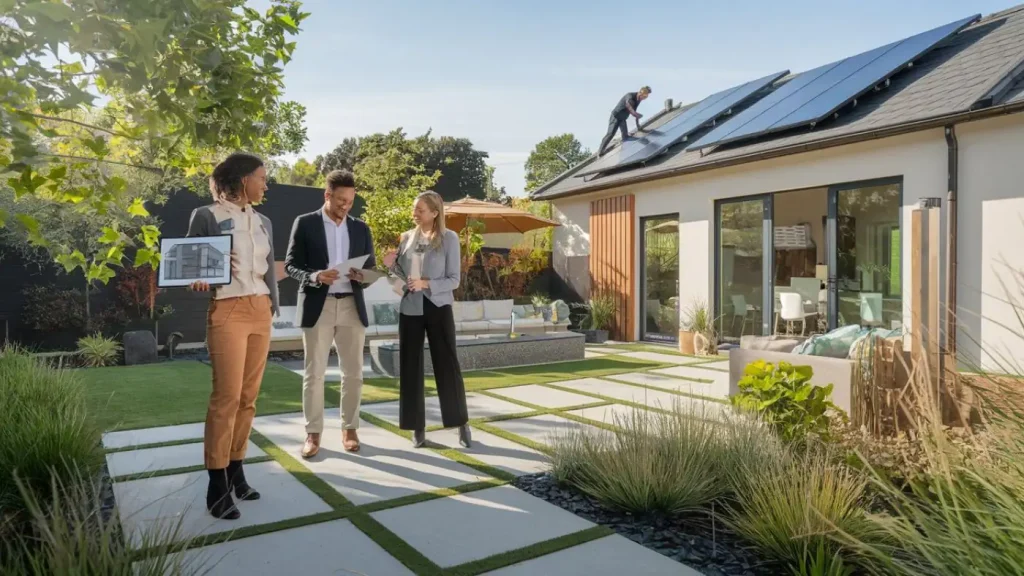 Three people stand in a backyard discussing the benefits of solar energy while a worker installs solar panels on the roof of a house.