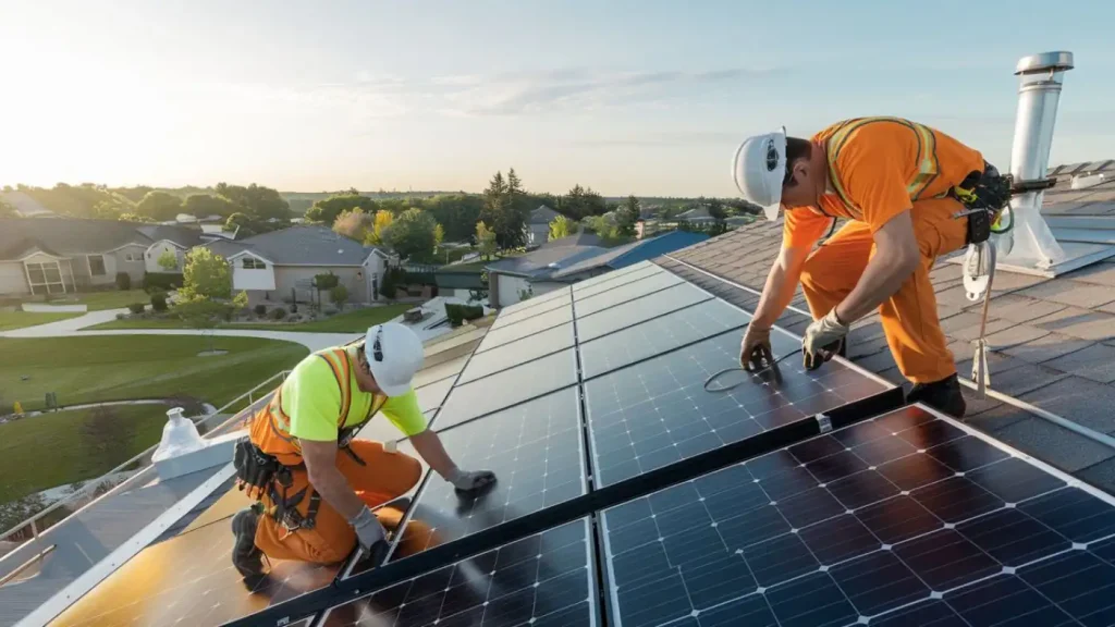 Two workers in safety gear are installing solar panels on a sloped roof in a suburban area during daylight, highlighting the benefits of solar heating.