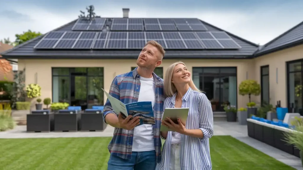 A couple stands in their yard, holding documents, admiring the sustainable energy benefits of the solar panels and solar water heating system on the roof of their modern home.