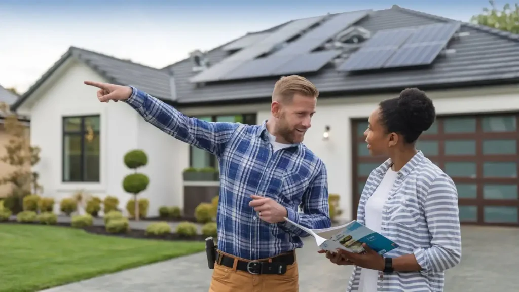 A man pointing and discussing with a woman in front of a house with solar panels on the roof, highlighting the benefits of solar energy.