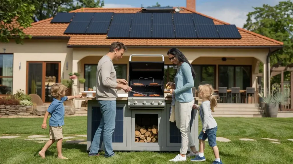 A family with two kids barbequing in a sunny backyard enjoys the benefits of their eco-friendly lifestyle, with a house featuring solar panels in the background.