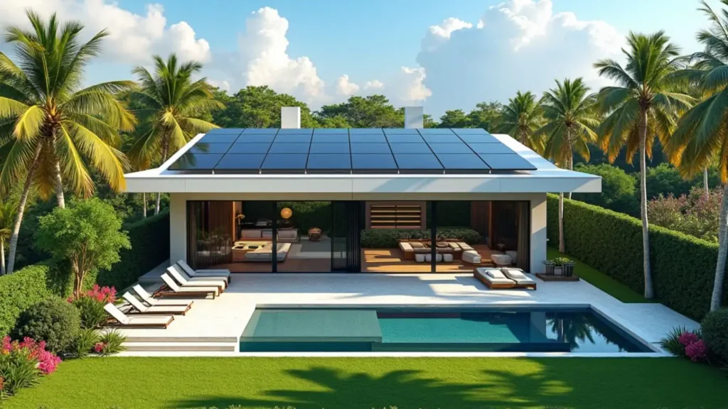 Modern home with solar panels and solar water heating, large windows, pool, lounge chairs, and palm trees in a lush green yard under a bright sky.