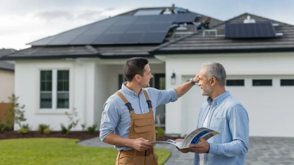 Technician in overalls shows solar panel system on house roof to a homeowner holding a brochure about the benefits of solar energy in front of the house.