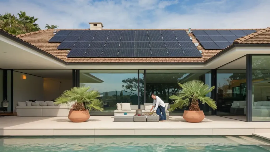 A person adjusts outdoor furniture on the patio of a modern house with solar panels on the roof, benefiting from solar energy while overlooking a pool.