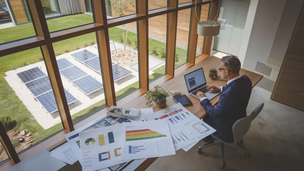 Person at a desk with charts and laptop, overlooking solar panels outside the window, contemplating the benefits of renewable energy solutions like solar water heating.