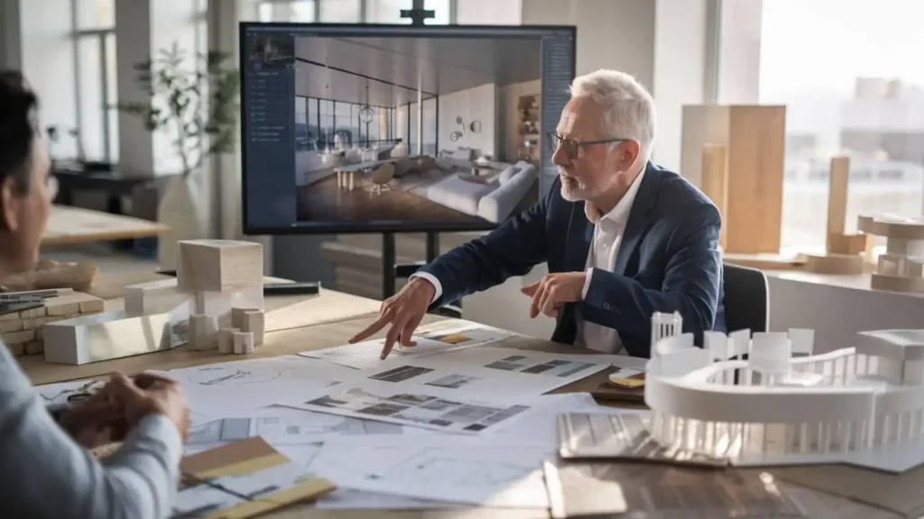 An architect discusses solar water heating systems with a colleague at a table covered in blueprints and a building model in an office.