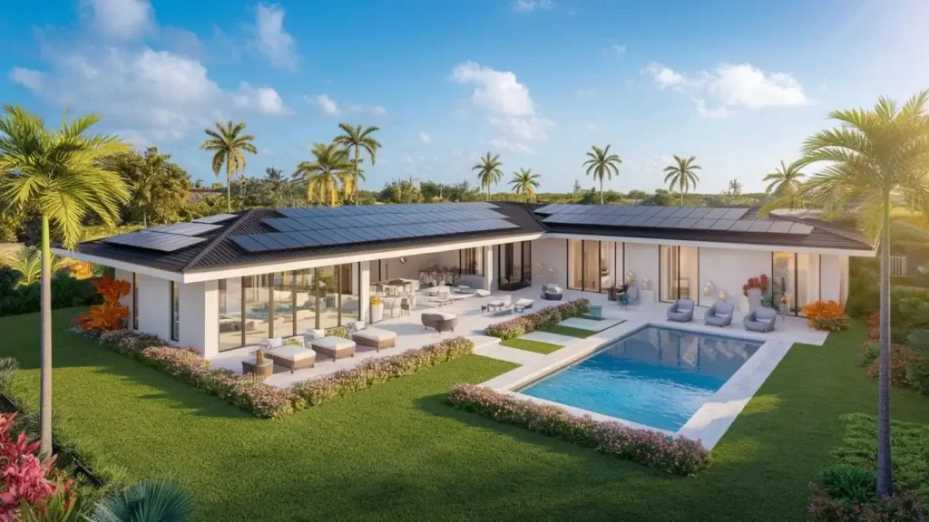 Modern house with solar panels, large windows, a swimming pool, and lush green lawn surrounded by palm trees. Enjoy the added benefits of solar water heating for an eco-friendly lifestyle.