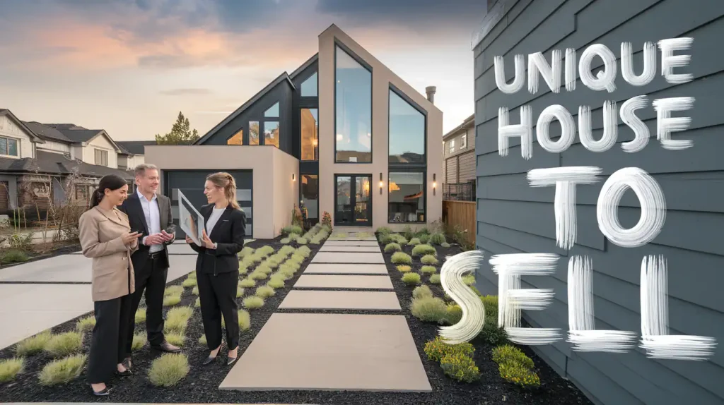 Three people stand outside a modern house with large windows; the text "Owner Selling an Unusual House" is visible.