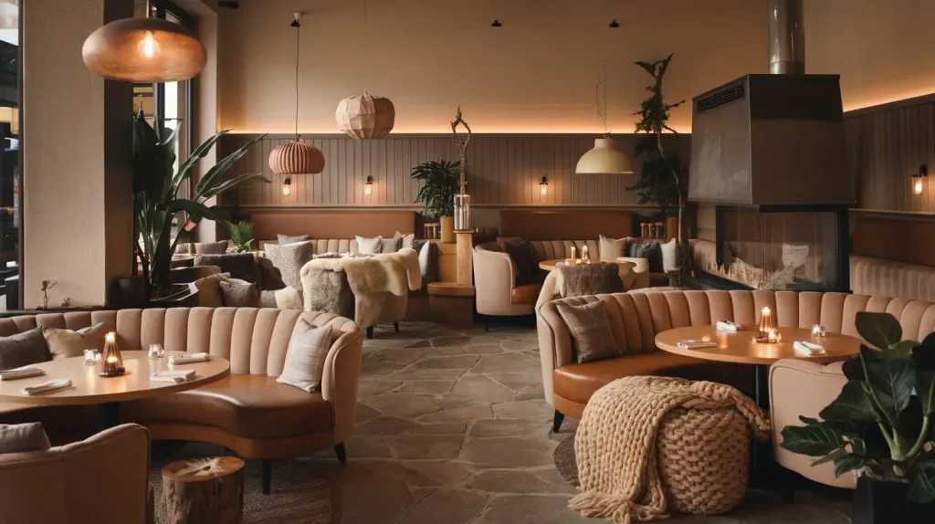 Cozy restaurant interior with round tables, candlelit ambiance, and plush seating. Earth tones and plants enhance warmth, embodying a delightful cozy restaurant design.