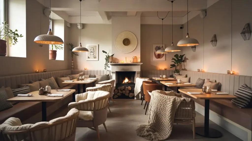 Cozy restaurant interior with warm lighting, a fireplace, wooden tables, cushioned chairs, and minimalist decor creating a charming restaurant design that enhances the cozy atmosphere.