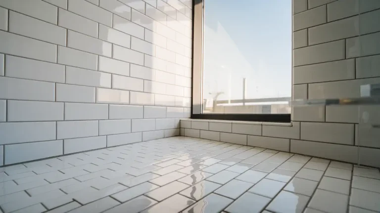 Modern bathroom with white subway tiles on walls and floor, offering insights into various bathroom flooring materials. Featuring a large window with sunlight streaming in, this space elegantly balances function and beauty while highlighting the pros and cons of different options.
