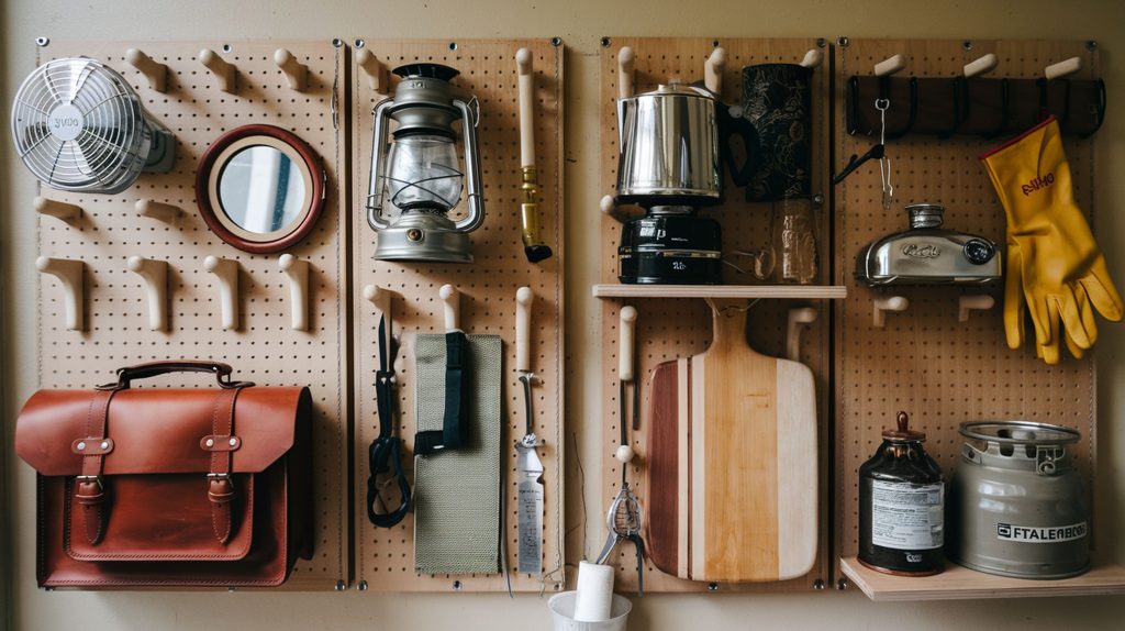A neatly organized pegboard wall holding various items, including a leather bag, lantern, kettle, and yellow gloves, showcases stylish home storage.