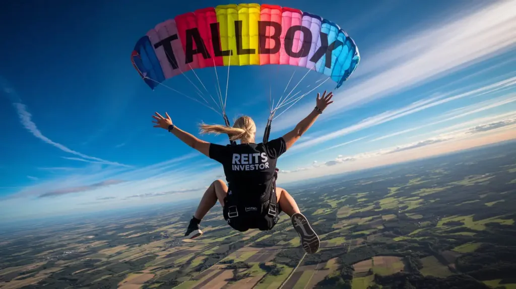 A person skydiving with a colorful parachute over a vast landscape, wearing a shirt that reads "REITs INVESTOR," celebrates the thrill of real estate investment from above.