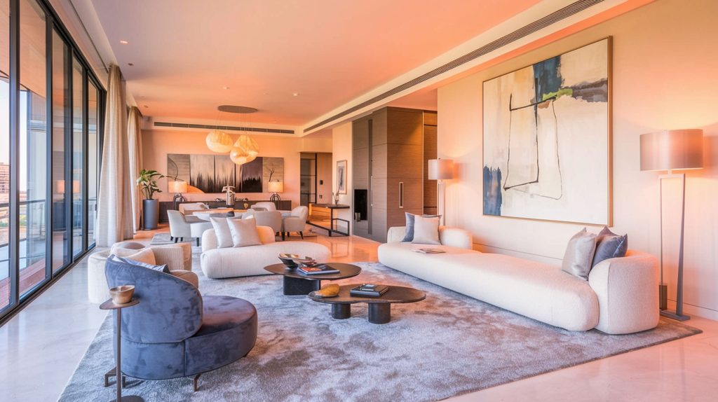 Modern living room with plush furniture, abstract art, large sliding glass doors, and a spacious dining area in the background. Incorporating stylish home storage seamlessly blends aesthetics and functionality.