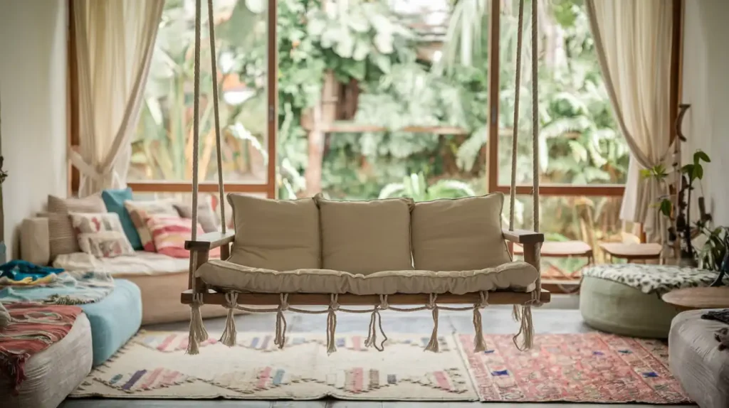 Cozy indoor swing with beige cushions, surrounded by colorful rugs and pillows, in front of large windows with a lush garden view—an ideal feature for those who love unusual home projects or are into DIY interior house renovations.