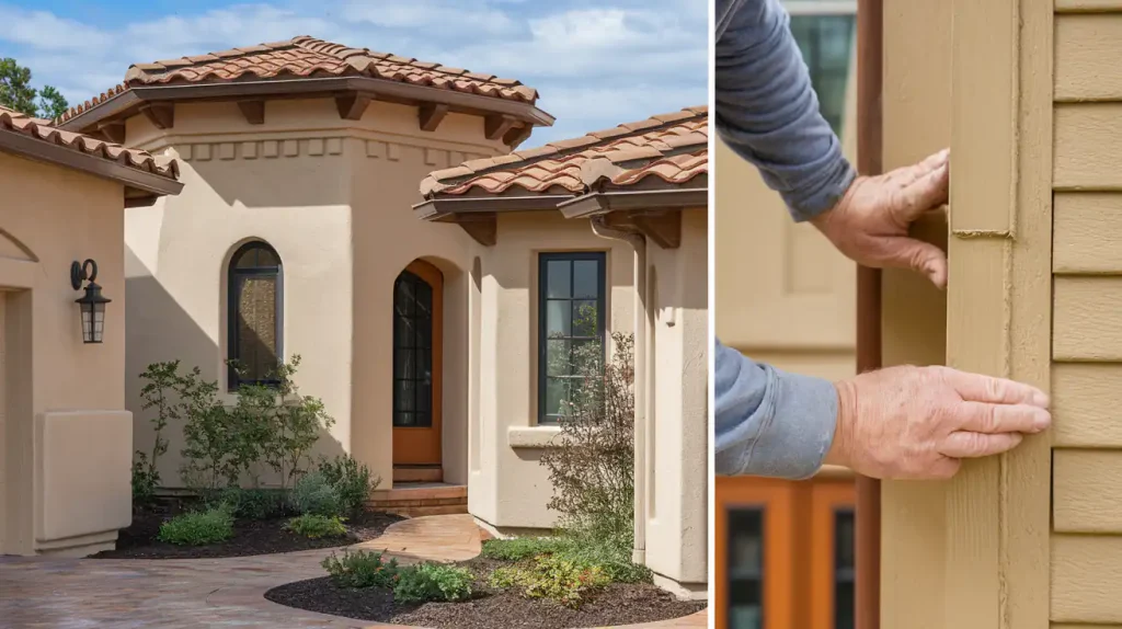 A stucco house with a tiled roof and arched entryway, part of a new construction project, beside a close-up of hands inspecting siding.