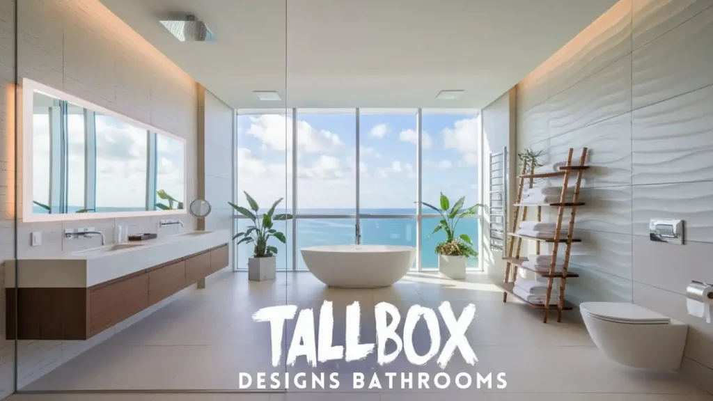 Modern bathroom with ocean view, freestanding tub, floating vanity, large mirror that shows how to choose the perfect bathroom mirror, plants, and shelving.