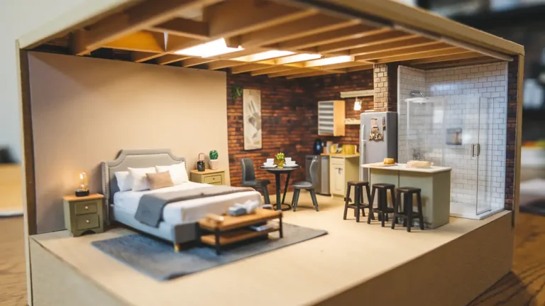 Miniature model of a modern apartment with a bedroom, kitchen, and dining area featuring contemporary furnishings. The design even includes an unfinished basement that sparks ideas for potential income use.