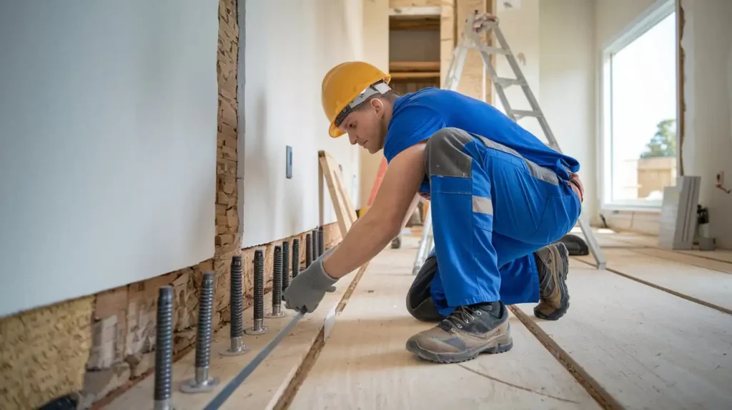 Construction worker in a blue uniform and yellow helmet installing floor heating pipes as part of a disaster-proofing home remodeling project in a building under renovation.