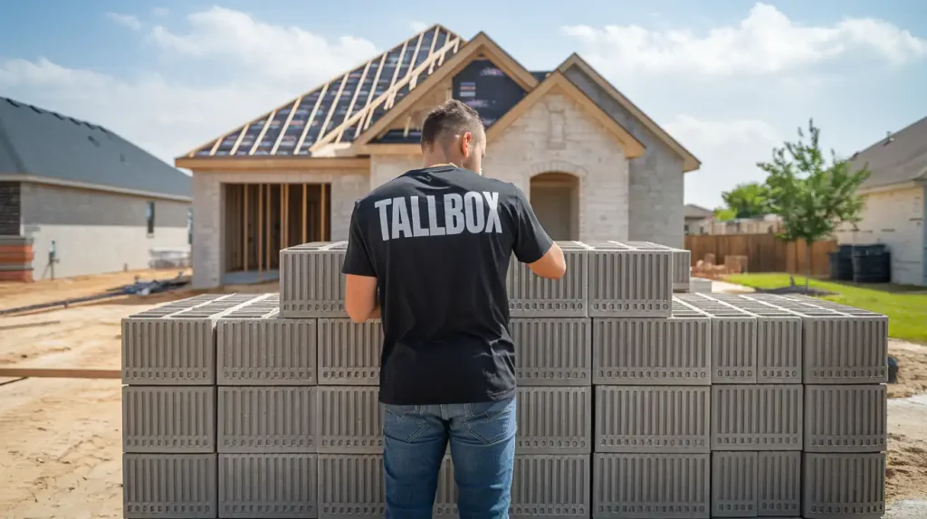 Man in a "Tallbox" shirt standing in front of cinder blocks at a house construction site on a sunny day, discussing home remodeling tips and disaster-proofing techniques.