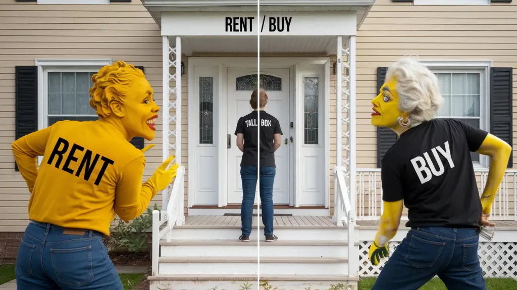 A person stands on a porch in front of a house, flanked by two cartoonish figures labeled "RENT" and "homeownership".