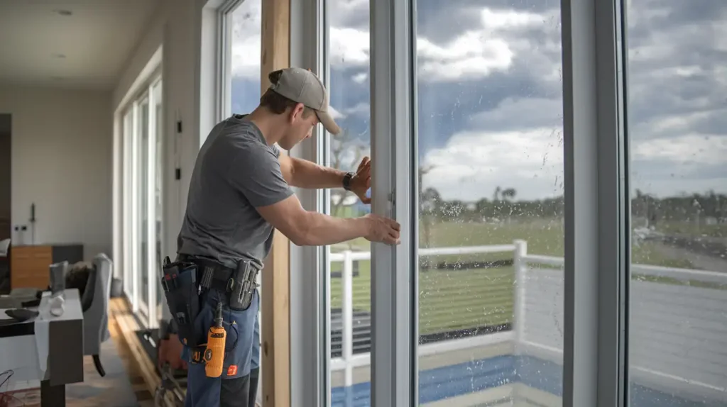 A man wearing a cap installs a sliding glass door indoors, with a cloudy outdoor scene visible through the windows, showcasing his expertise in home remodeling.