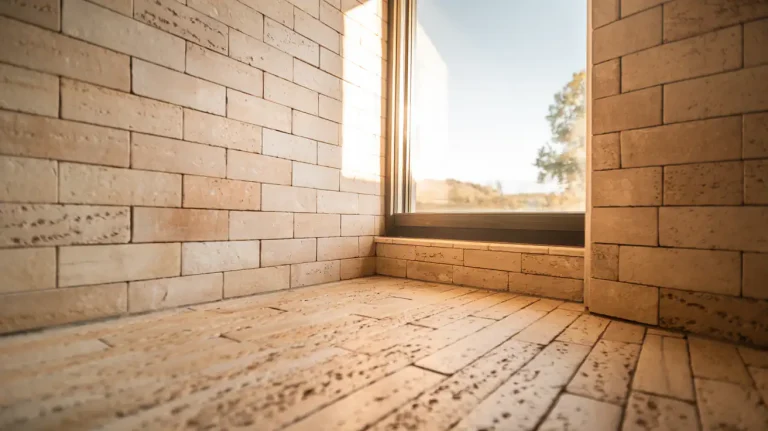 Sunlight streaming through the window of a room with beige brick walls and matching flooring materials highlights the pros and cons of such a design choice.