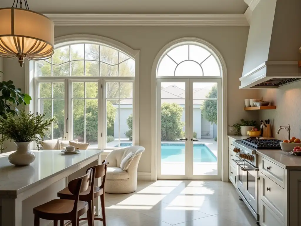 Bright kitchen with arched windows and doors opening to a pool area. This new house features island seating, elegant decor, and a selection of beautiful window types.
