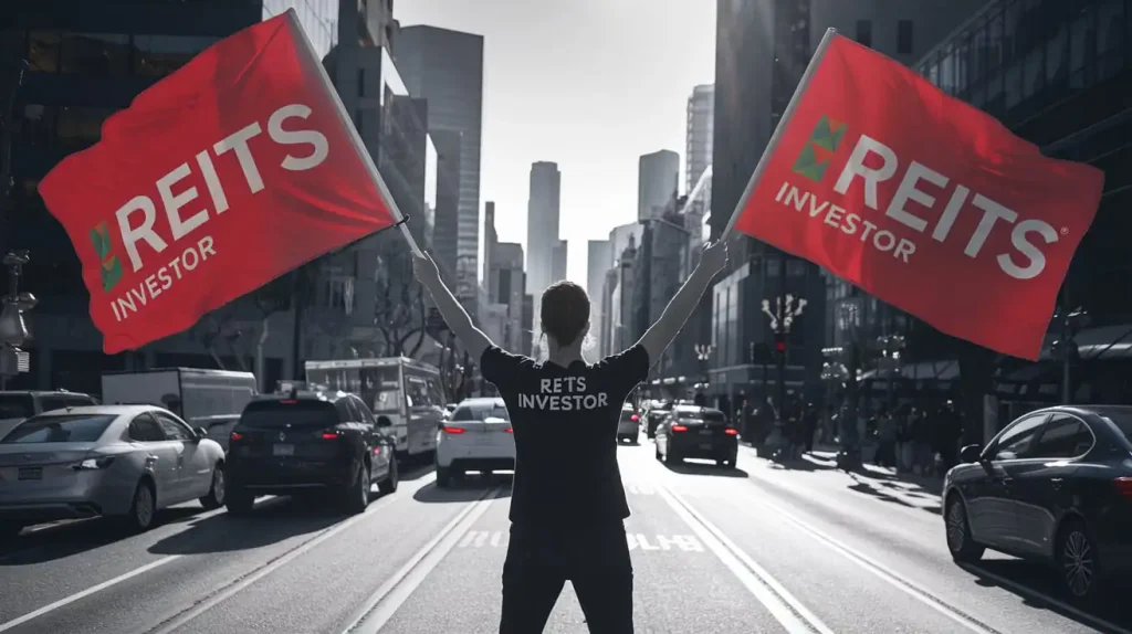 A person standing on a city street holding two red flags with "REITS INVESTOR," symbolizing a cautious approach to REIT investments.