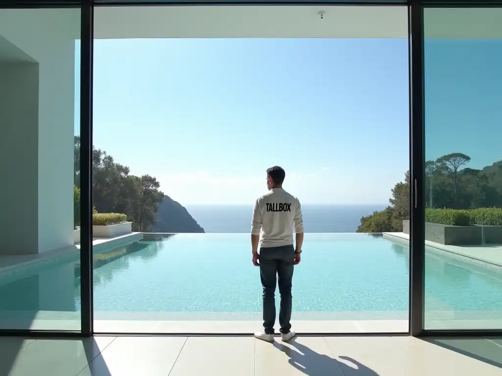 A person stands by an infinity pool with a view of the ocean and distant hills, seen through large sliding glass doors in their new house. They gaze out, appreciating the perfect window type they selected to frame this breathtaking scenery.