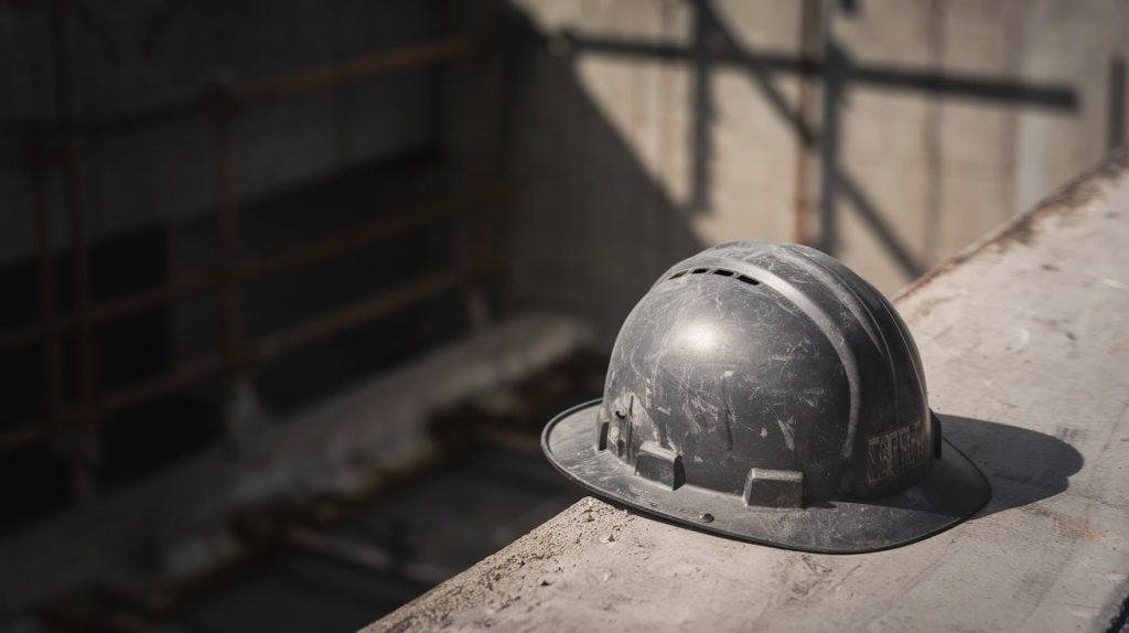 A black hard hat is placed on a concrete surface at a construction site, with shadows and scaffolding in the background, epitomizing the importance of developing construction safety plans.
