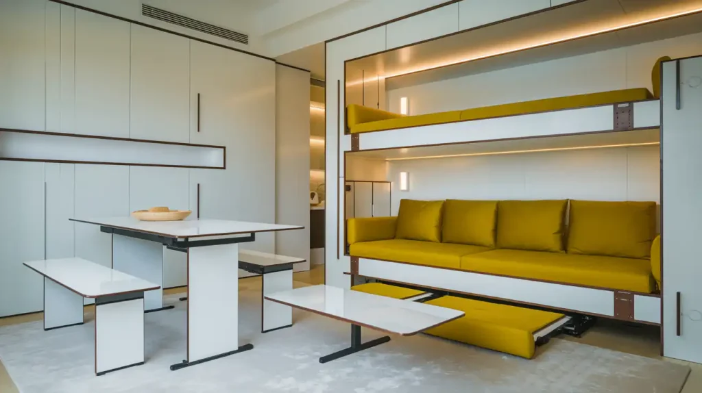 Modern living space with a clever design featuring a sofa-bunk bed, multi-functional tables, and sleek, white cabinetry—perfect examples of unusual DIY renovations.