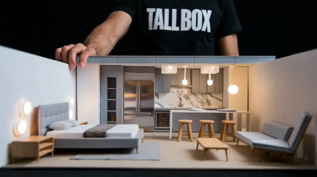 Person holding a detailed miniature modern apartment model with a bedroom, kitchen, and living area, showcasing innovative design.