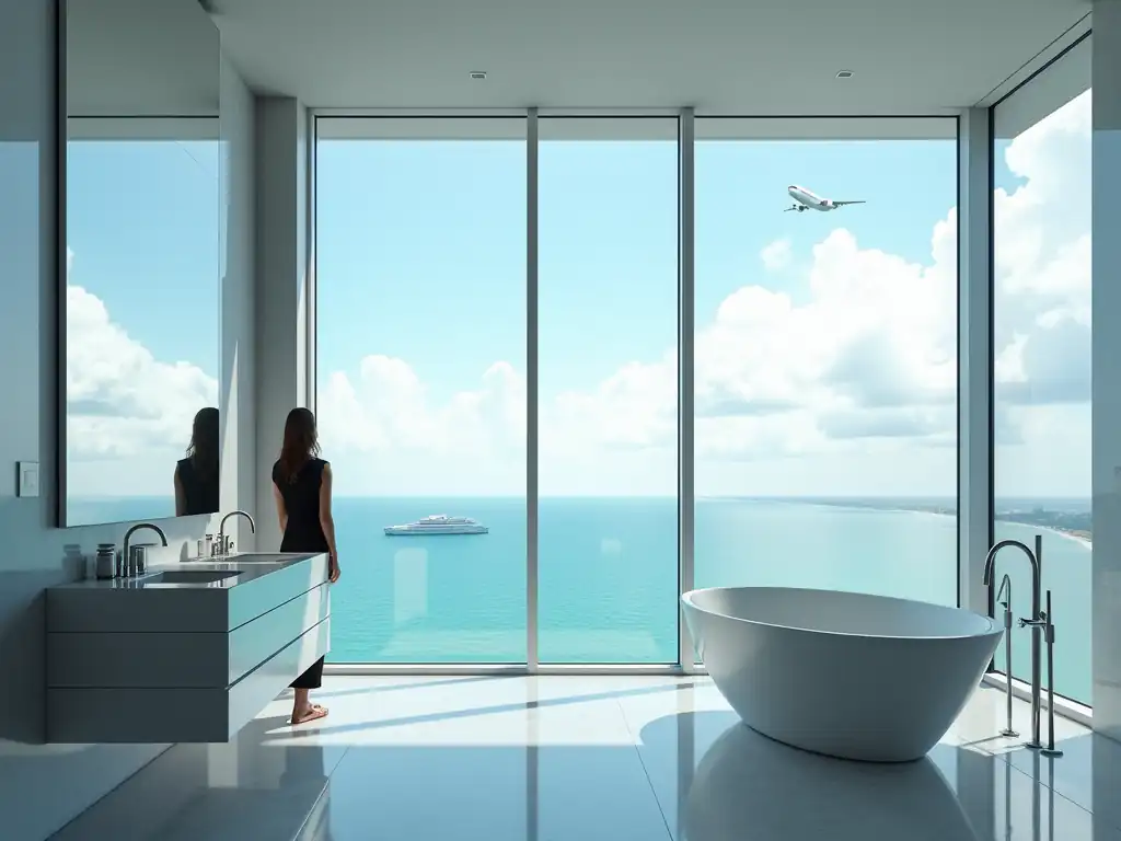A woman stands in a modern bathroom with floor-to-ceiling windows, the perfect mirror reflecting an ocean vista complete with a cruise ship and airplane.