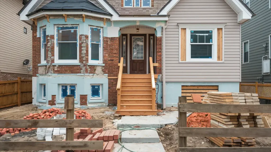 House under renovation with exposed brick, new siding, unfinished steps, and construction materials scattered around—a bustling construction project in progress.