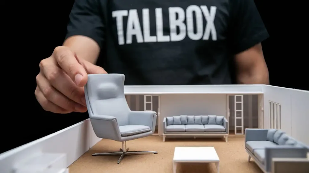 A person in a "TALLBOX" shirt is meticulously arranging a miniature model of a modern living room, complete with a chair, sofa, and table. This attention to design could be the perfect starting point for transforming an unfinished basement into an additional income-generating space.