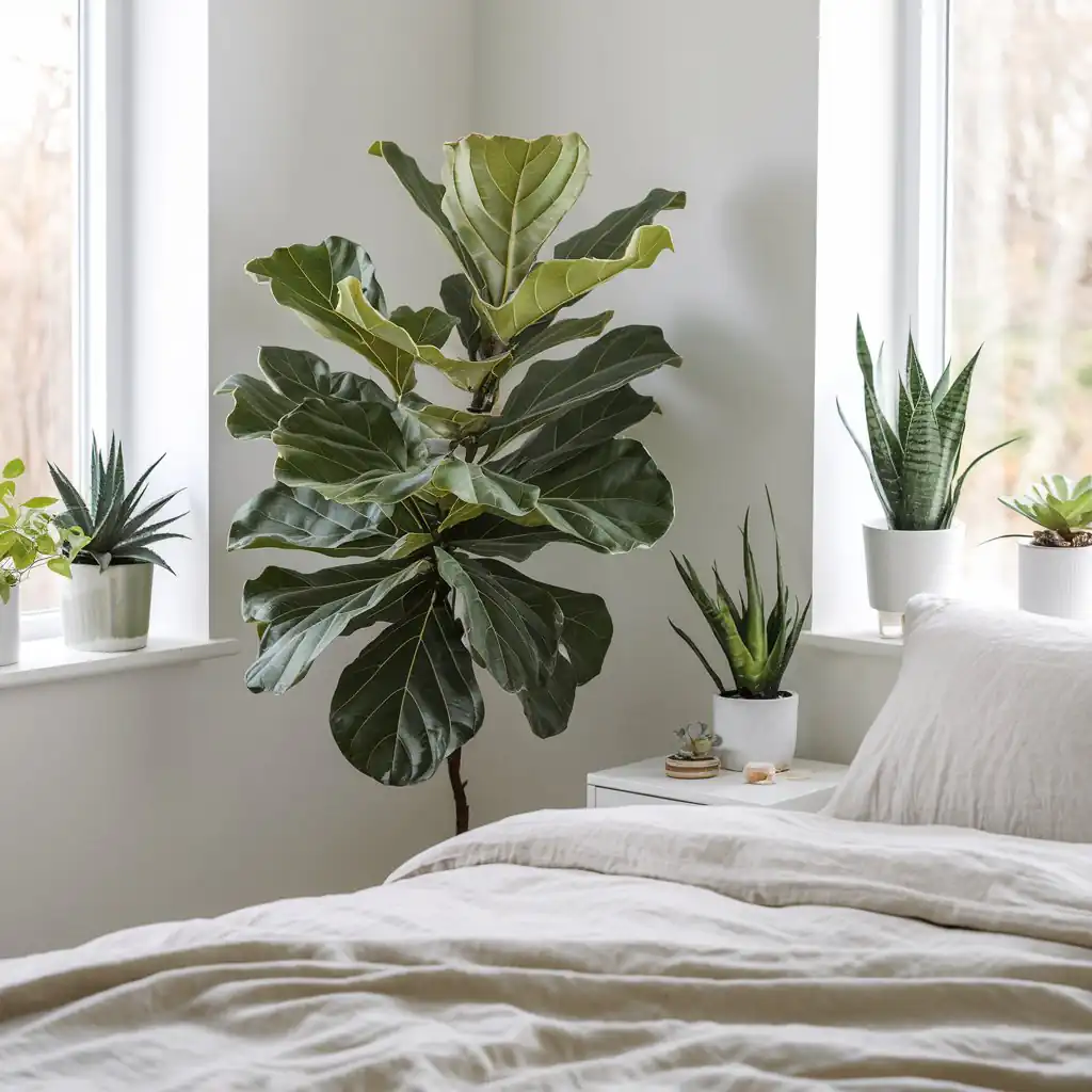 Bright bedroom with a fiddle leaf fig tree and various potted plants by the window next to a neatly made bed—perfect for your weekend projects and home bedroom refresh ideas.