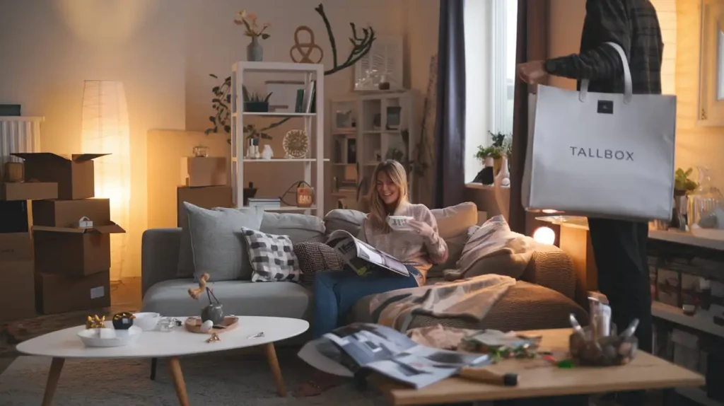 A person reads on a sofa with a drink while another moves a large Tallbox bag in a cozy, well-lit living room, adding the final touches to their home decor.