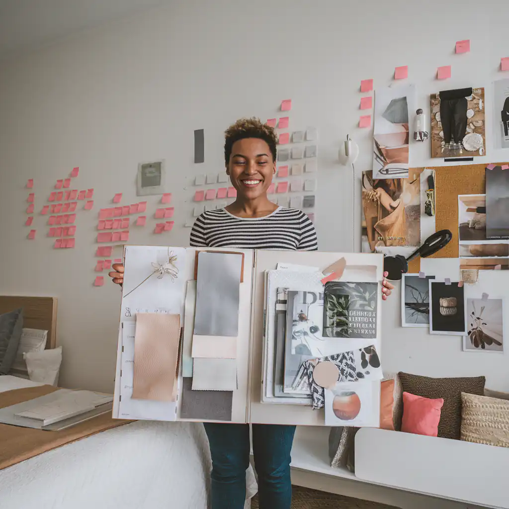 Person holds an open mood board book, smiling in a room with sticky notes and fabric swatches on the wall behind them, brimming with ideas for a weekend home bedroom refresh.