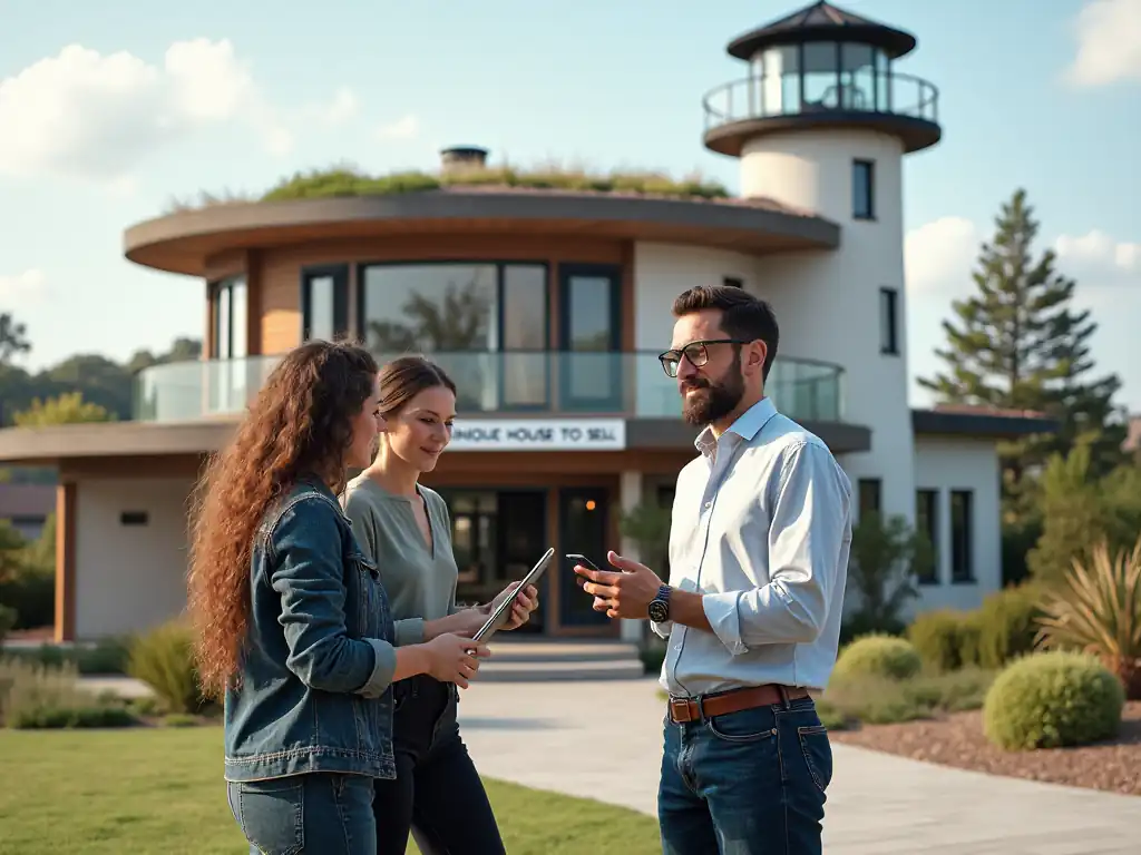 Three people stand and chat outside a modern house with a lighthouse design, discussing selling tips for such an unusual property, marked by a prominent sale sign.
