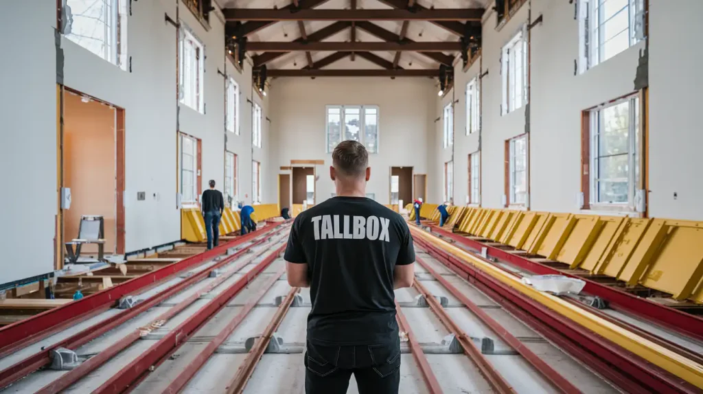 Person wearing a "TALLBOX" shirt stands in an unfinished building with workers in the background, deeply involved in home remodeling for enhanced safety.