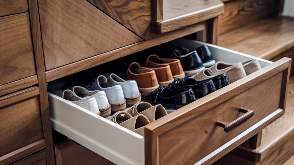 A wooden drawer offers practical home storage, neatly organized with various pairs of shoes in different colors and styles.