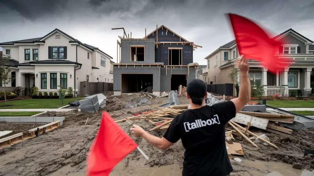Person in a black shirt waving red flags at the construction site of a two-story house, with cloudy skies above—an exciting scene for anyone considering buying a new build home.
