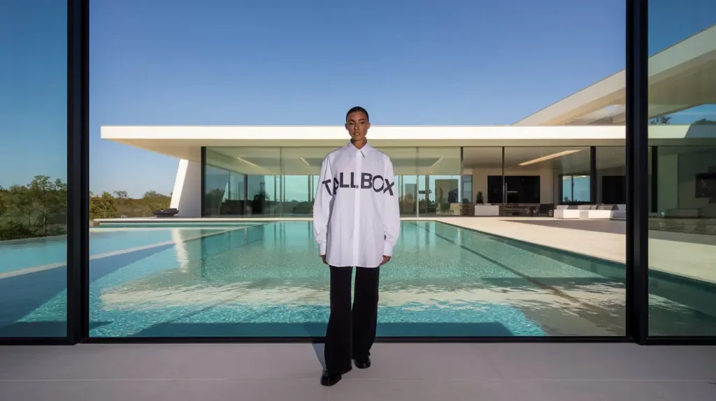 Person in oversized shirt standing in front of a new house with large windows and a pool, under a clear blue sky.